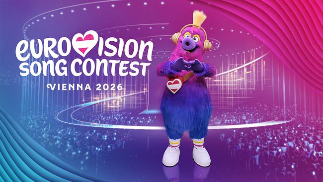 Promo-Bild von Auri, dem flauschigen lila Songcontest-Maskottchen, mit dem Schriftzug "Eurovision Songcontest Vienna 2026"