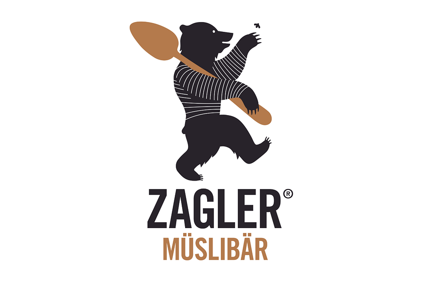 Zagler-Logo: stilistische Grafik eines schwarzen Bärs in einem weiß-gestreiften Pullover, er marschiert nach rechts und trägt einen goldenen Löffel.